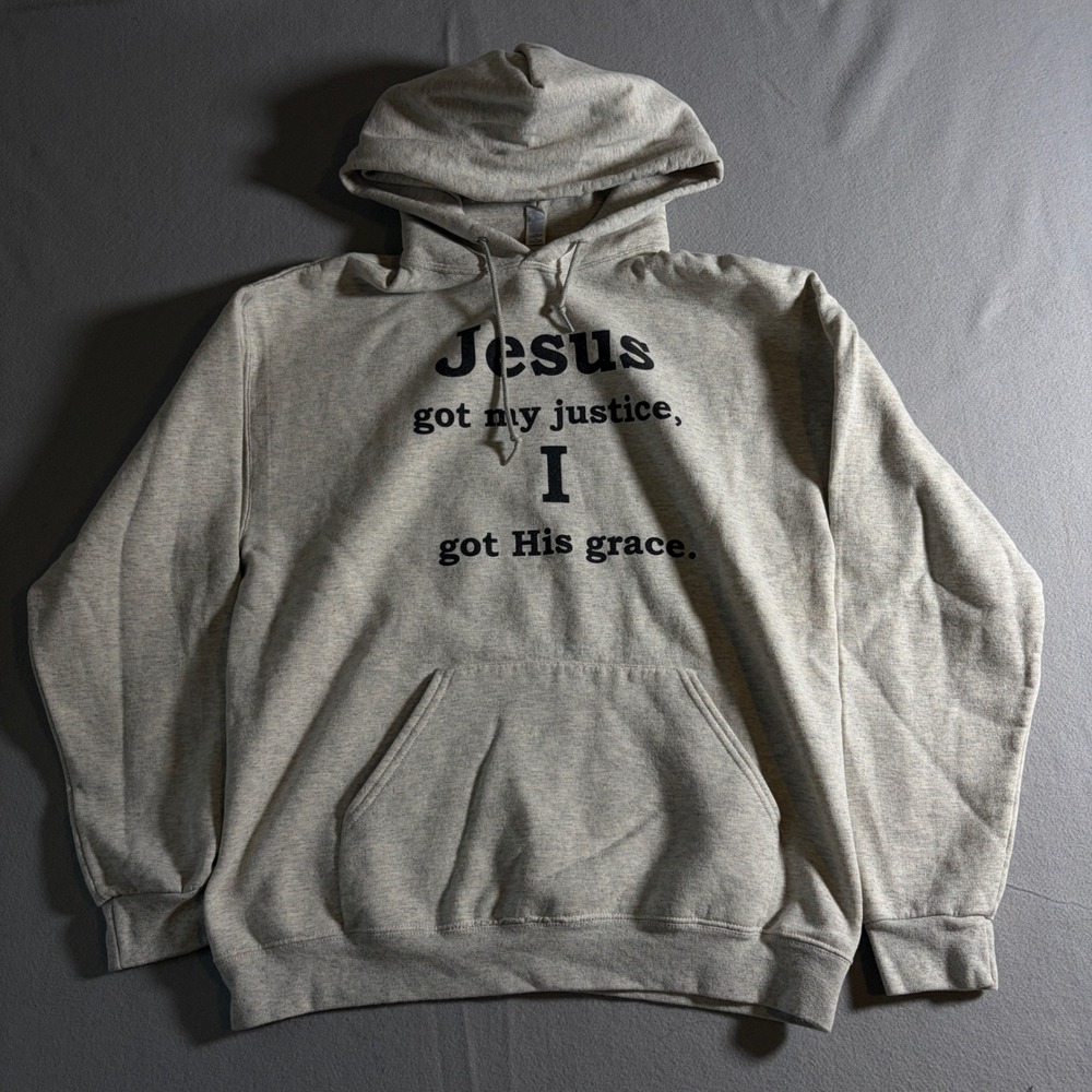 Jerzees Mens Heather Gray Jesus Got My Justice Graphic Hoodie Size Large Matthew